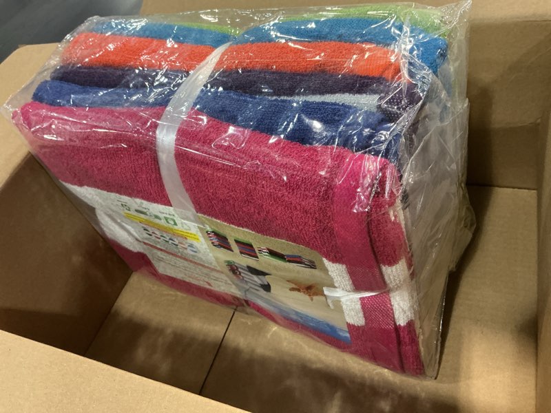Condition photo showing New/Like New for bolbom*s beach towel set 6 pack 30" x 60" large 100% cotton cabana stripe bath & beach towels soft,absorbent and quick dry towels for bathroom, bath, beach, pool,yoga, hotel, swim towels for daily use green, yellow, purple, turquoise, orange, bue, pink