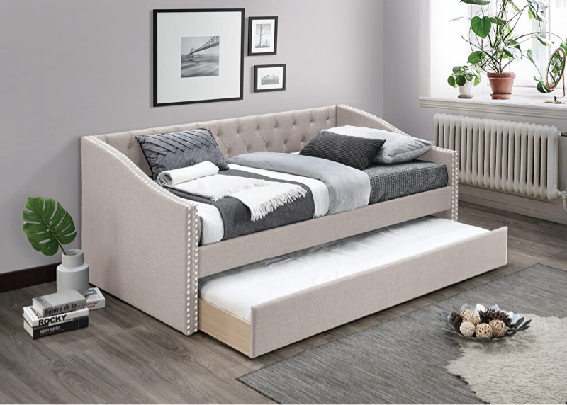 Benjara Ann Modern Wood Day Bed with Trundle, Straight Tufted Back, Taupe Burlap