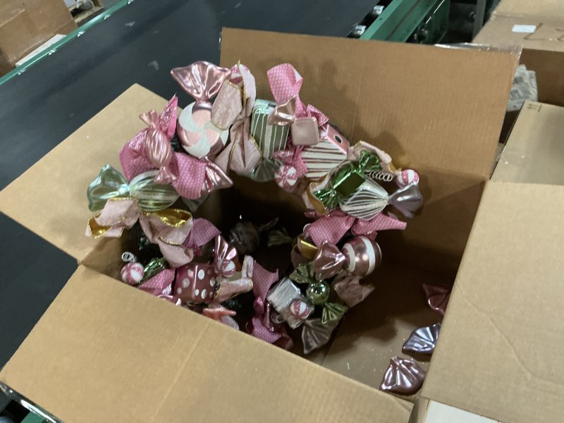 Condition photo showing Good Condition for 20" Christmas Wreath with Candy Themed for Front Door Decorations, Christmas Door Wreath with Pink & Gold Bow Ornaments for Home Wall Indoor Outdoor Xmas Decor
