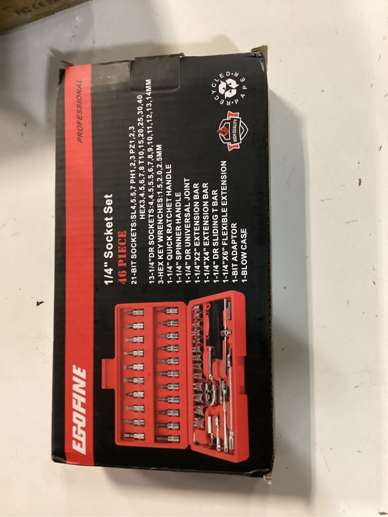 Condition photo showing New/Like New for egofine 46 pieces 1/4 inch drive socket ratchet wrench set, with bit socket set metric and extension bar for auto repairing and household, with storage case 1/4" 46 pcs