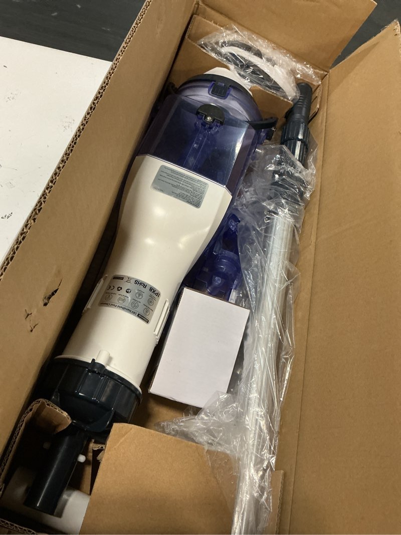 Condition photo showing As Is for handheld pool vacuum, jesimaik rechargeable pool vacuum cleaner with 18.5 gpm, 60 min runtime, telescopic pole, ideal cordless pool vacuum for above ground pool, inground pool, spas, hot tubs blue