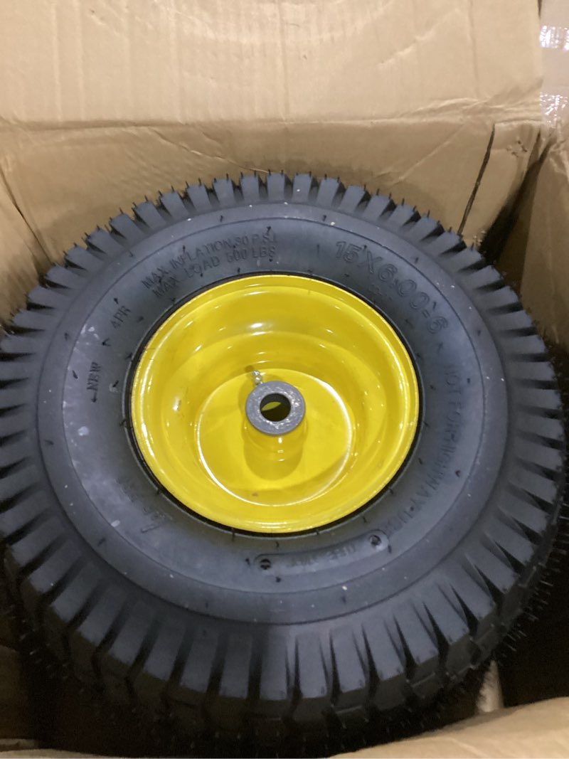 Condition photo showing Good Condition for wiltire 15x6.00-6 tire and wheel assembly (2 pack),replacement riding lawn mower front tires - with 3" centered hub and 3/4" bushings (extra 5/8" bushings)