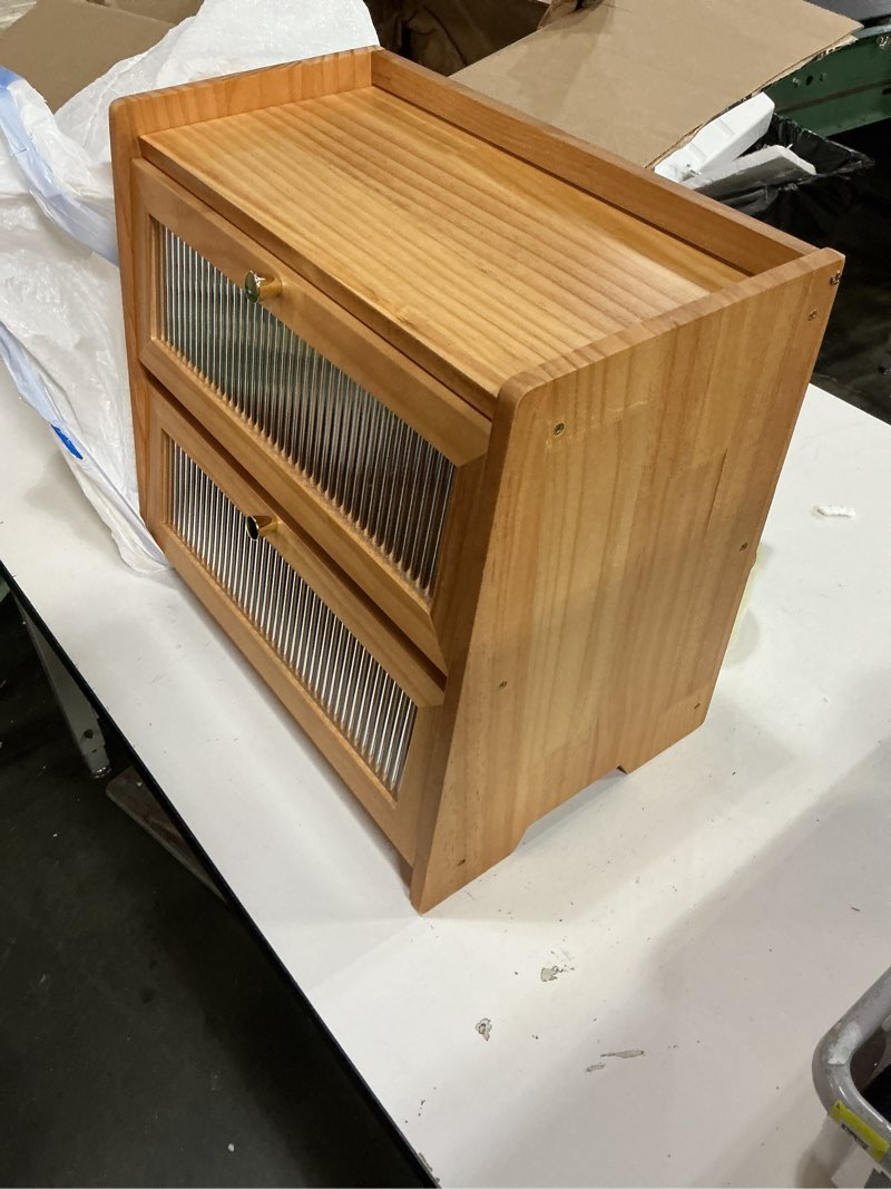 Condition photo showing As Is for qunbio bamboo bread box, large capacity corner bread box for kitchen counter, wooden organizer with acrylic door panel, gift