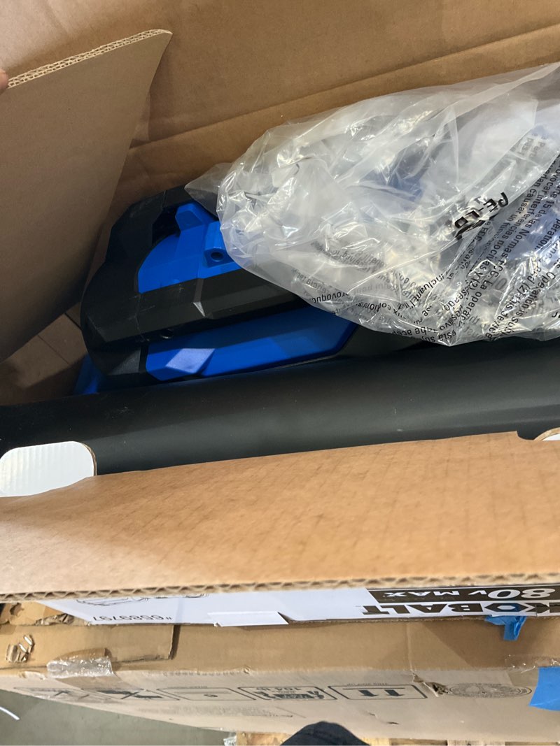 Condition photo showing As Is for kobalt 48v max (24vx2) 600 cfm / 150 mph handheld leaf blower 
