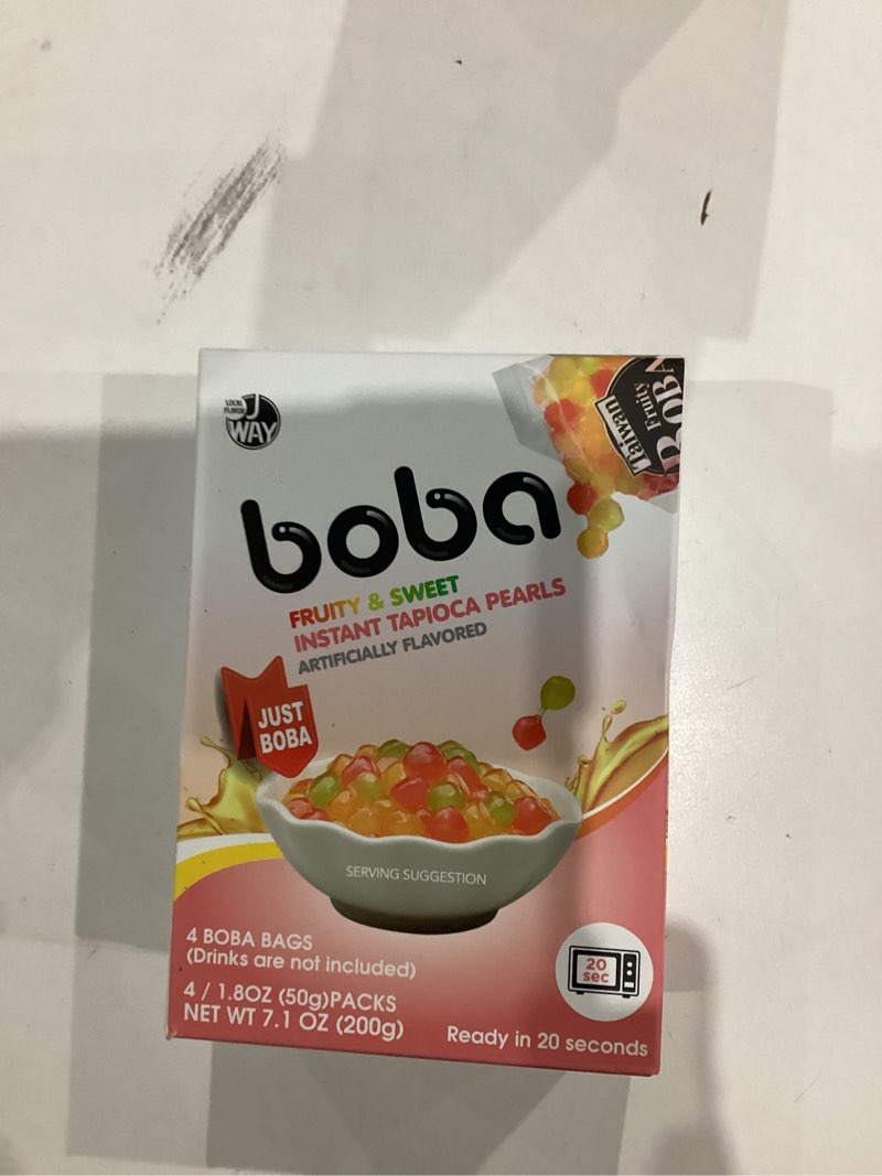 Condition photo showing New/Like New for J WAY BOBA Authentic Instant Tapioca Boba Pearls for Milk Tea, Smoothies and Desserts, Tropical Fruit Flavor (Ready in Just 20 Seconds) - 4 Servings Tropical Fruit 4 Count (Pack of 1)