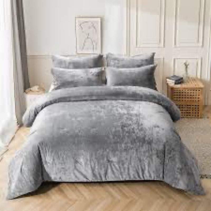 Fredsure Distressed Velvet Comforter Set, 5 Pieces Dark Grey King, Distressed Velvet Face and Brushe