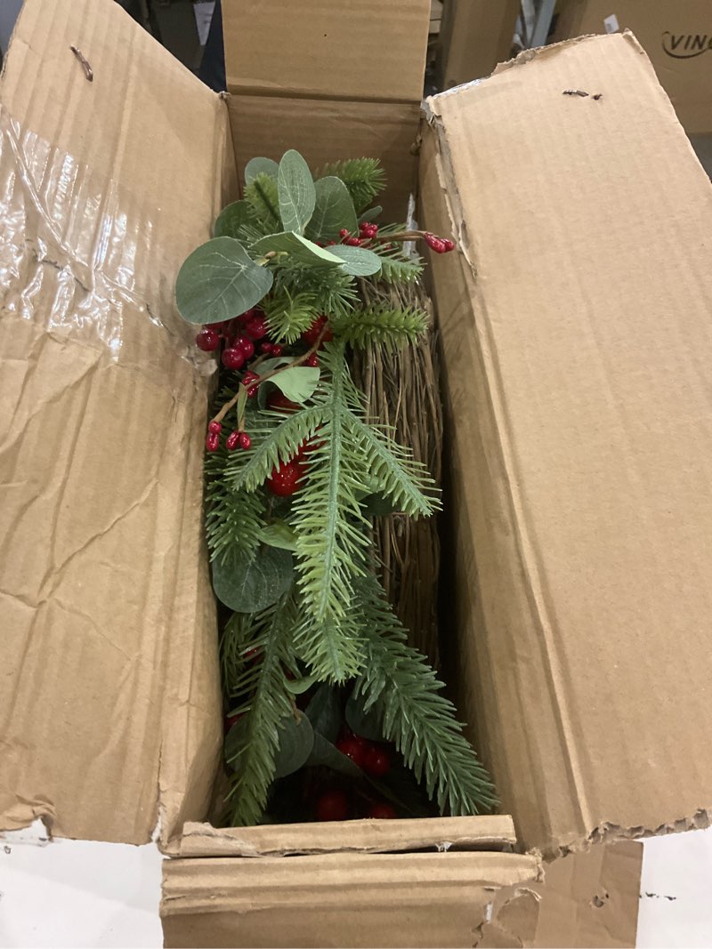 Condition photo showing Good Condition for Dremisland 24 Inch Artificial Christmas Wreath for Front Door Xmas Red Berry Wreath with Pine Needles Cones Winter Eucalyptus Wreath Christmas Decorations for Wall Window Home Holiday Xmas Decor