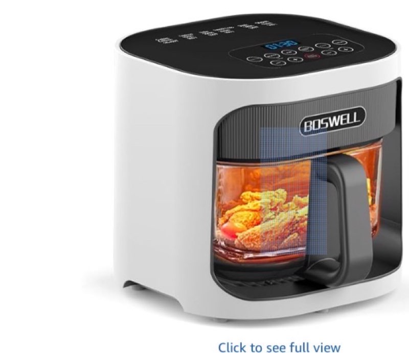 BOSWELL 4.5QT Glass Air Fryer - 6-in-1 with Transparent Bowl | Circulating Air for Crispy Results | Bake, Broil, Air Fry | Temperature Control, Dishwasher Safe (White)