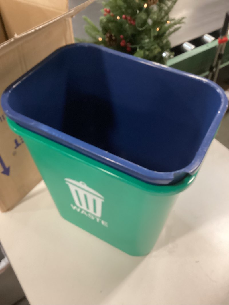 Condition photo showing As Is for Acrimet Wastebasket Bin for Recycling and Waste, 6.75 Gallon/ 27 Quart/ 24 Liter (Plastic) (Green and Blue) (Set of 2)