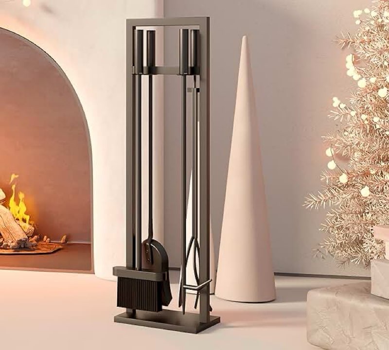 5 pieces fireplace tools set wrought iron fireplace tools with chimney poker, tongs, shovel, brush and stand hearth accessories set, black