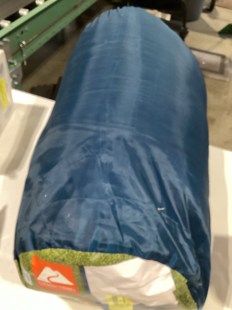 Condition photo showing As Is for ozark trail 35-degree cool weather rectangular sleeping bag, blue, 33"x77"