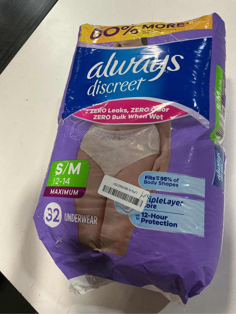 Condition photo showing New/Like New for always discreet adult incontinence underwear for women and postpartum underwear, small/medium, up to 100% bladder leak protection, 32 count small/medium 32