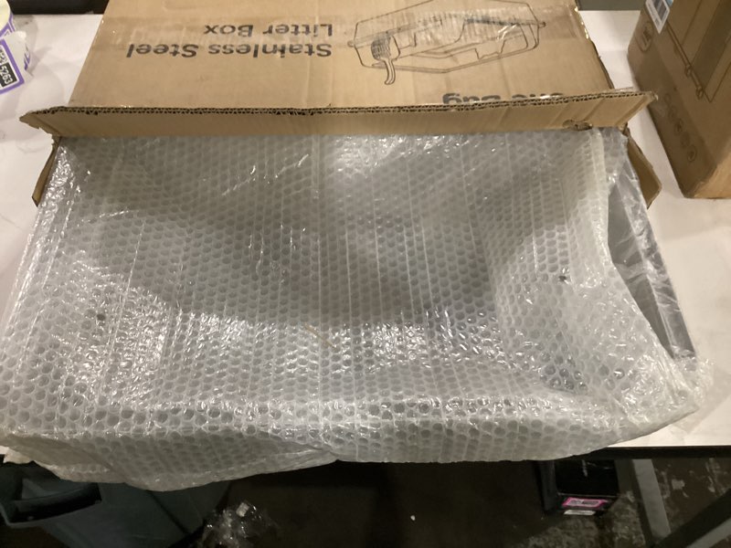 Condition photo showing As Is for similar to**** stainless steel cat litter box xl for big cats, high-sided design prevents urine leakage, non-stick, easy to clean, includes scoop, gray grey