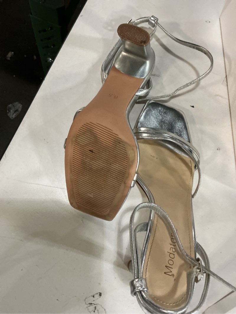 Condition photo showing As Is for modatope womens sandals square open toe chunky high heels strappy ankle strap sandals comfort dress party shoes 6.5 silver pu
