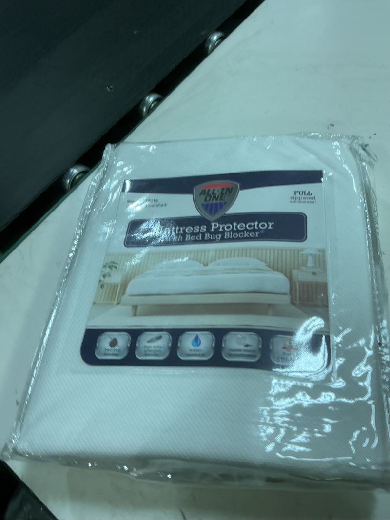 Condition photo showing New/Like New for all-in-one mattress protector, zippered encasement, water & stain resistant, triple seal protection, full, white full solid