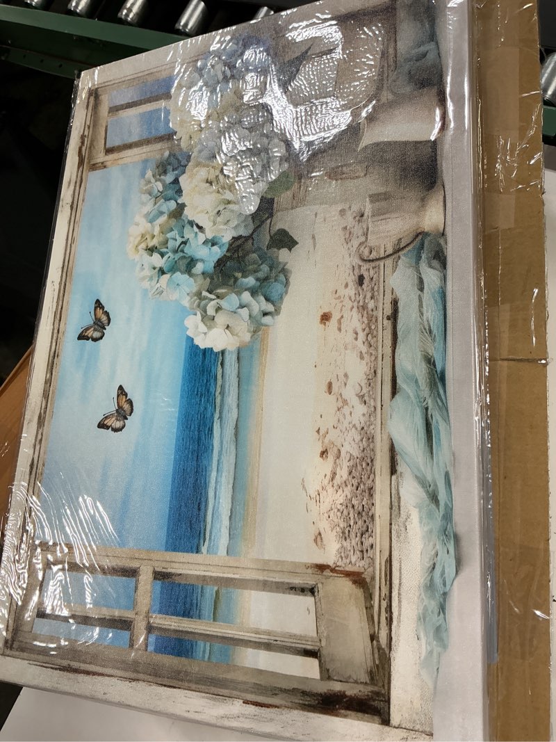 Condition photo showing New/Like New for vintage ocean view window canvas wall art, high-resolution print with fresh blue and white hydrangeas and butterflies, rustic style decor for bathroom, bedroom, office framed 16"x24" 24"l x 16"w beach flower-1