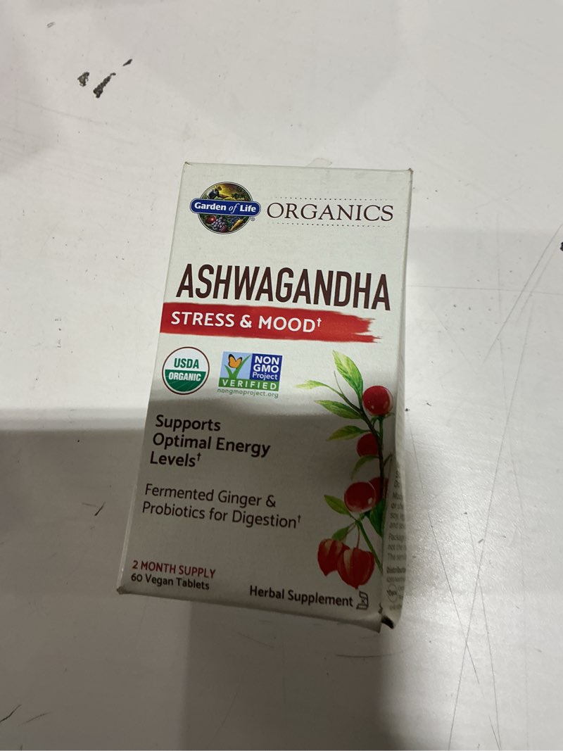 Condition photo showing Good Condition for Garden of Life Organic Ashwagandha Supplement with Probiotics & Ginger - Stress, Mood & Energy Support, Vegan, Gluten Free, Non GMO, 2 Month Supply, 60 Tablets Unflavored 60 Count (Pack of 1)