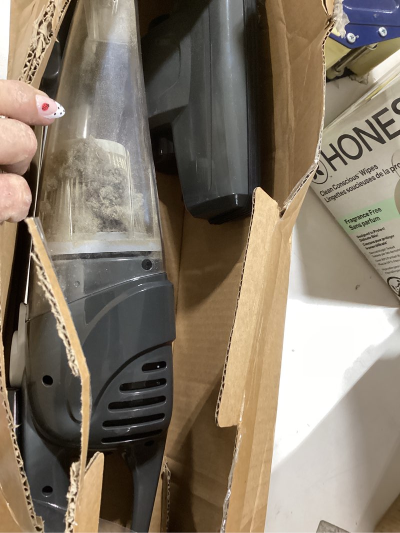 Condition photo showing As Is for amazon basics 2-in-1 corded stick vacuum cleaner, converts to handheld, lightweight (3.9 lbs), with washable filter, crevice tools, 0.5l dust cup, self-standing, 19.7-ft cord, 300w, black vacuum cleaner only