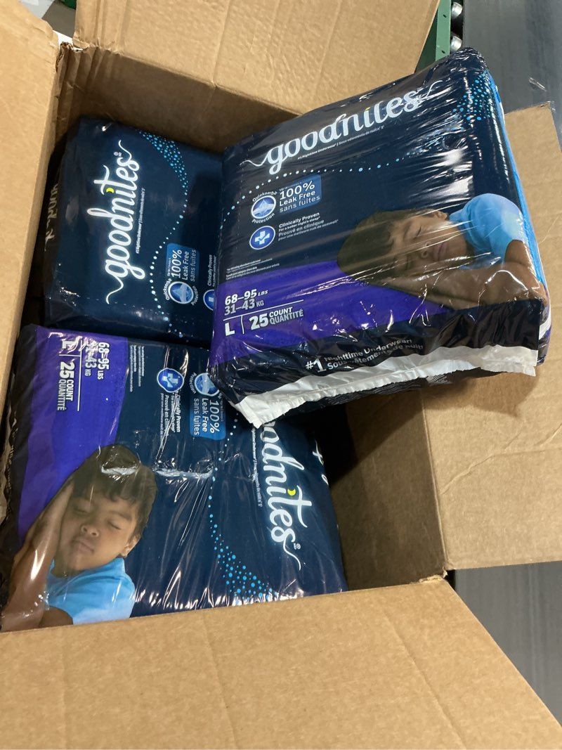 Condition photo showing New/Like New for Goodnites Boys' Nighttime Bedwetting Underwear, Size Large (68-95 lbs), 75 Ct (3 Packs of 25), Packaging May Vary Large 75