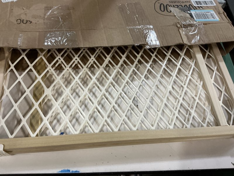Condition photo showing As Is for Toddleroo by North States Diamond Mesh Wooden Baby Gate: 26.5"- 42" Wide. Pressure Mounted Baby Gate for Doorway. (23" Tall, Sustainable Hardwood)