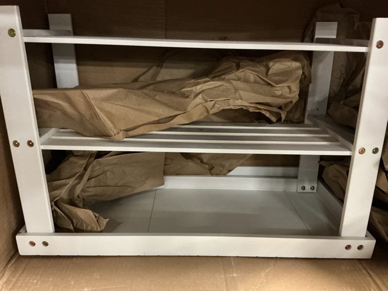 Condition photo showing Good Condition for songmics shoe rack bench, 3-tier bamboo shoe storage organizer, entryway bench, holds up to 286 lb, 11.3 x 35.4 x 17.8 inches, for entryway bathroom bedroom, cloud white ulbs090w01 35.4"w cloud white