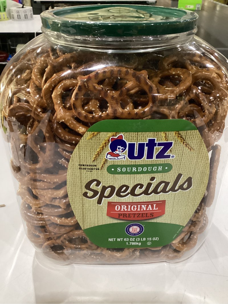 Condition photo showing New/Like New for 2/16/26 Utz Sourdough Specials Pretzels, Original, 63 oz. Barrel, Classic Pretzel Knot with Rich Sourdough Flavor, Resealable Container, Tasty Party Snack with Zero Cholesterol 63 Ounce (Pack of 1)