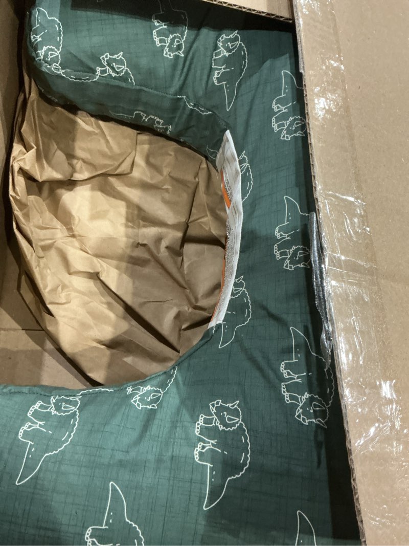 Condition photo showing As Is for boppy nursing pillow - firm, ergonomic u-shaped bottle and breastfeeding pillow with high lift for comfort and support, spacious surface - forest green dinos