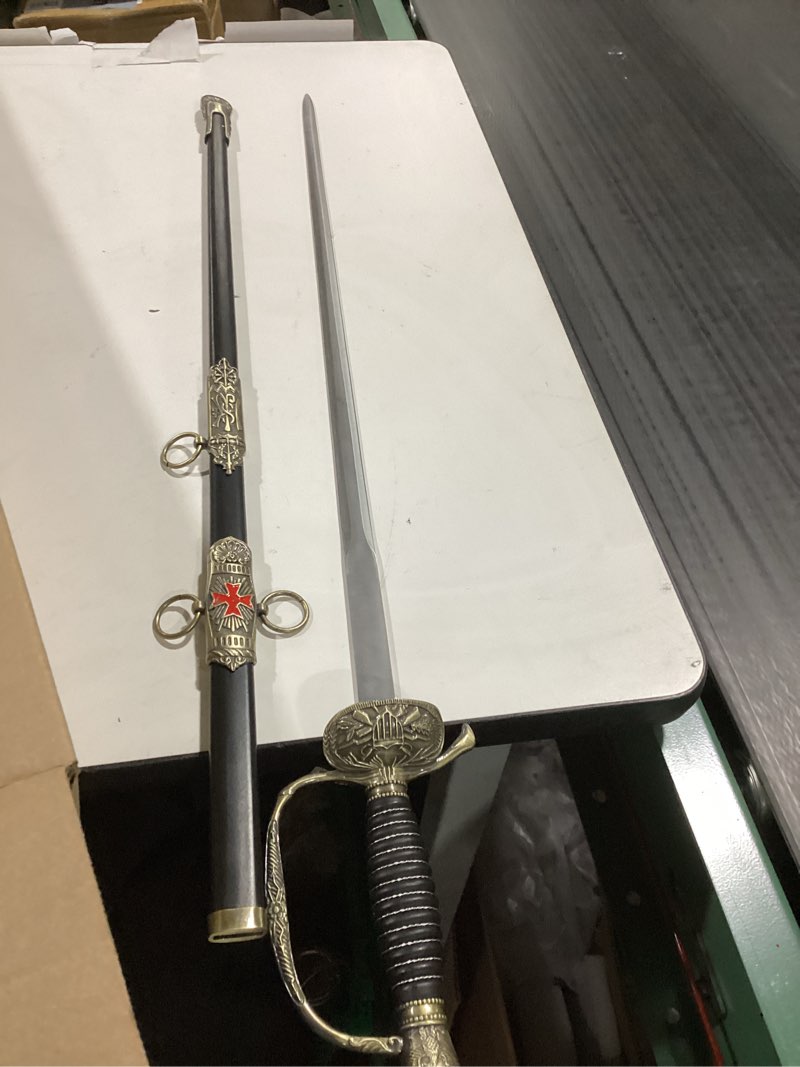 Condition photo showing As Is for SZCO 35" Swept Hilt Rapier Sword – Stainless Steel Mirror-Finish Blade with Antique D-Guard, Wire Wrapped Handle & Decorative Scabbard for LARP, Cosplay, Display & Collectors