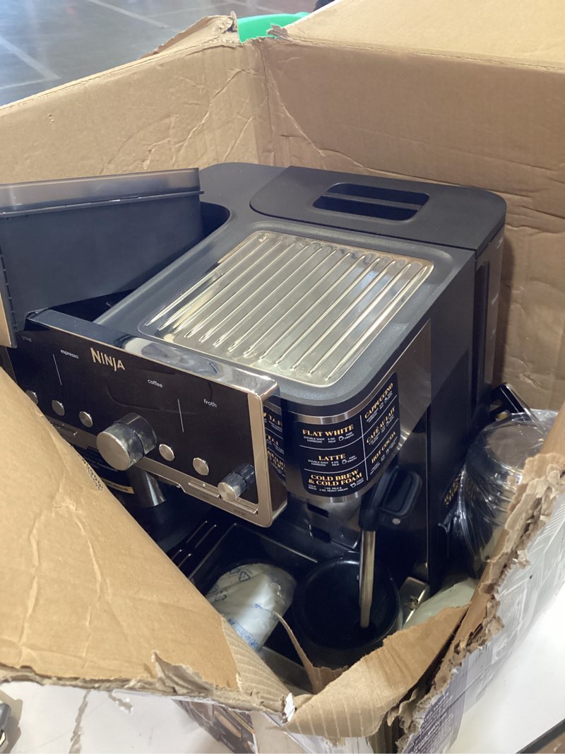 Condition photo showing As Is for ninja luxe café pro series, espresso machine, drip coffee, cold brew, hot water, integrated tamper, built-in grinder, hands-free frother for cappuccinos, lattes, americanos, dairy or non-dairy, es701 stainless steel luxe café pro