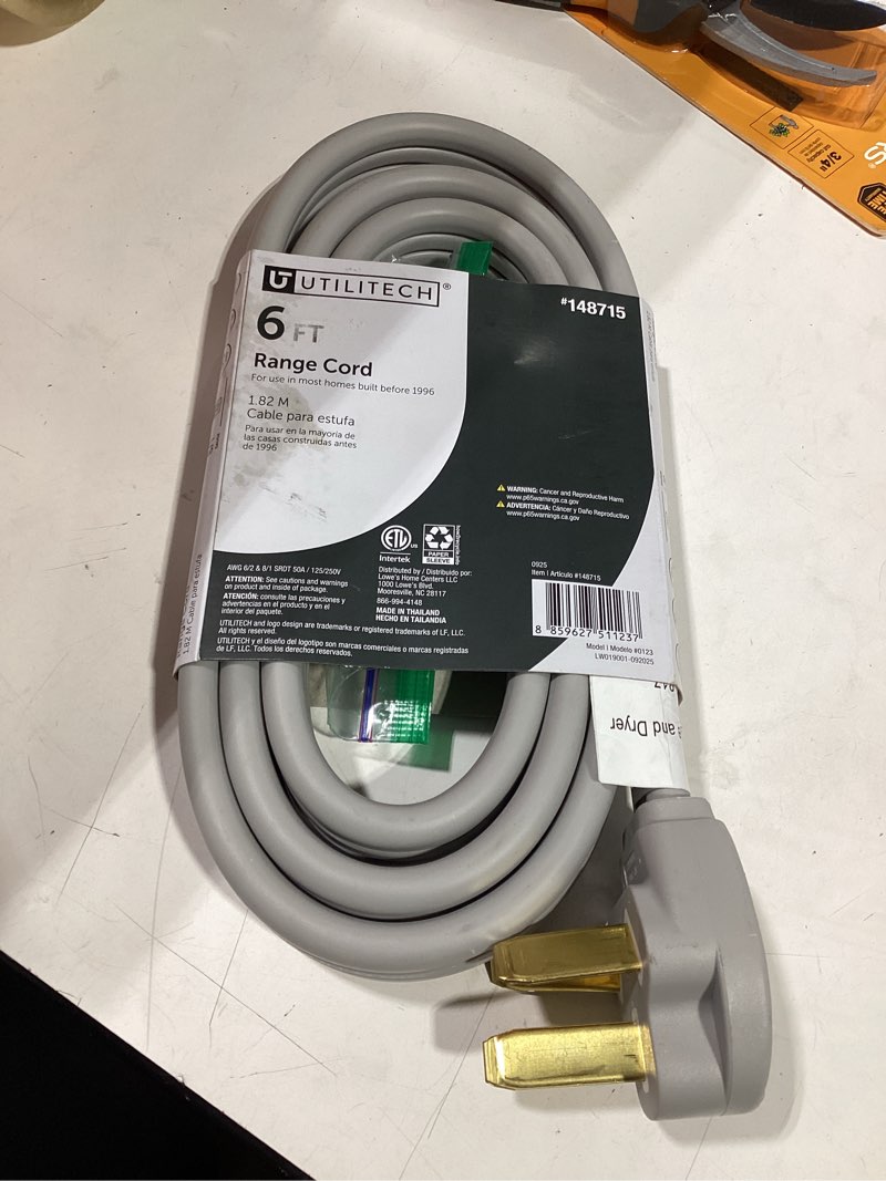 Condition photo showing As Is for utilitech 6-ft 3-prong gray range appliance power cord