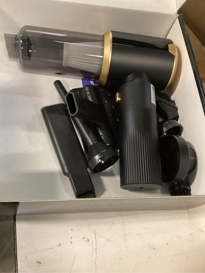 Condition photo showing As Is for cordless car vacuum cleaner: handheld vacuum with 16000pa strong suction, brushless motor & hepa filter, 7-in-1 cleaning kit, type-c charging for home office car pet ink black