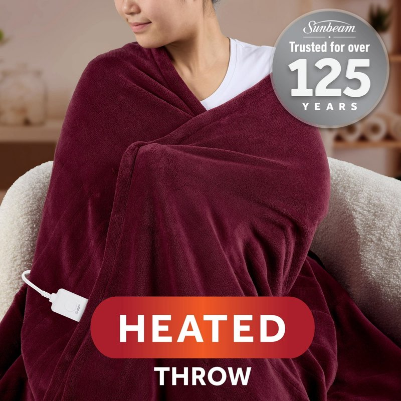 Sunbeam Electric Heated Throw Blanket Merlot Super Soft Microplush 4 Heat Settings Oversized 60 x 80