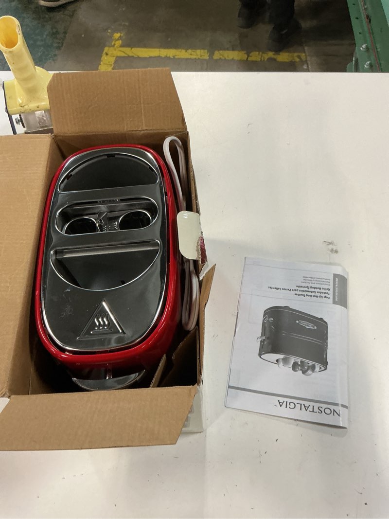 Condition photo showing As Is for nostalgia hdt600retrored retro pop-up 2 hot dog and bun toaster, with mini tongs, works with chicken dogs, turkey dogs, veggie links, sausages and brats metallic red