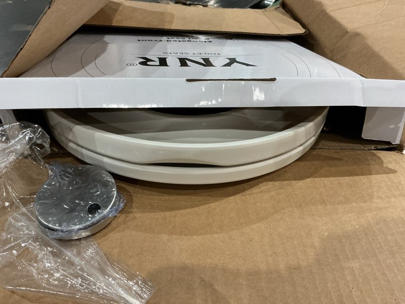 Condition photo showing As Is for ynr toilet seat with slow close hinges, standard elongated toilet seat with non-slip seat bumpers, easy to install & clean, heavy duty pp material, fits all toilet brands (y6)