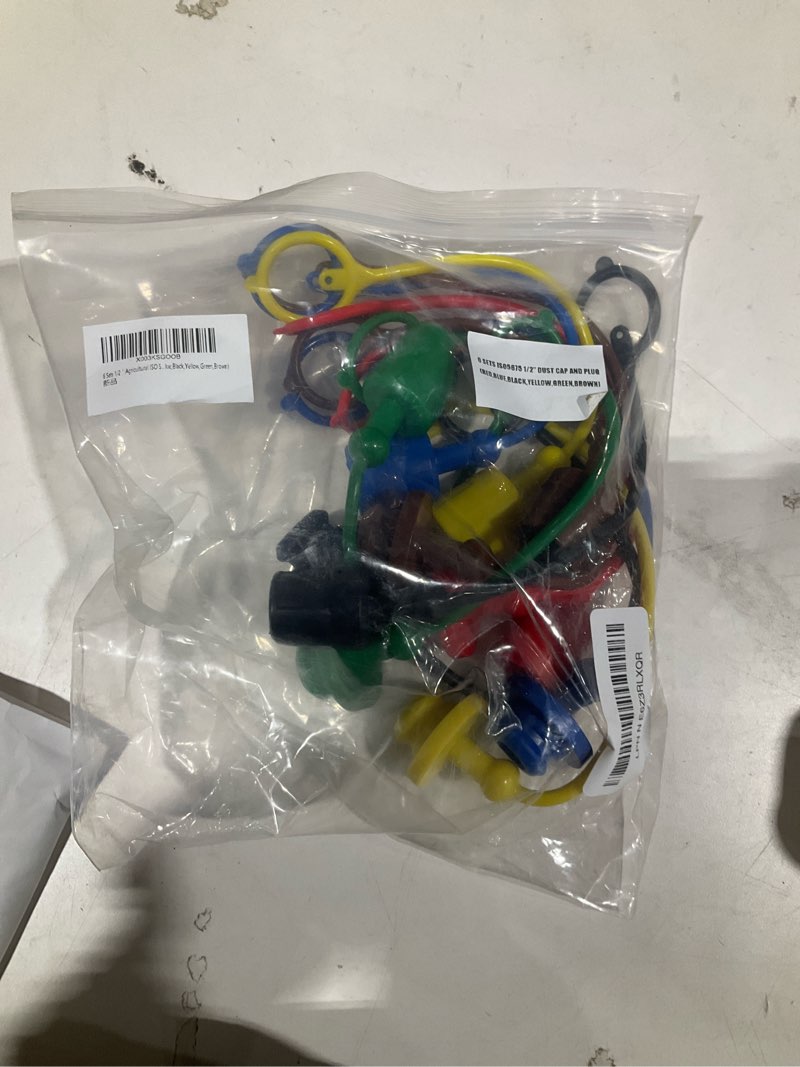 Condition photo showing As Is for 6 sets 1/2?agricultural iso 5675 jd sub compact tractor hydraulic coupler male dust cap and female plug cover set(red,blue,black,yellow,green,brown) 6sets-iso5675 1/2- 6 colours