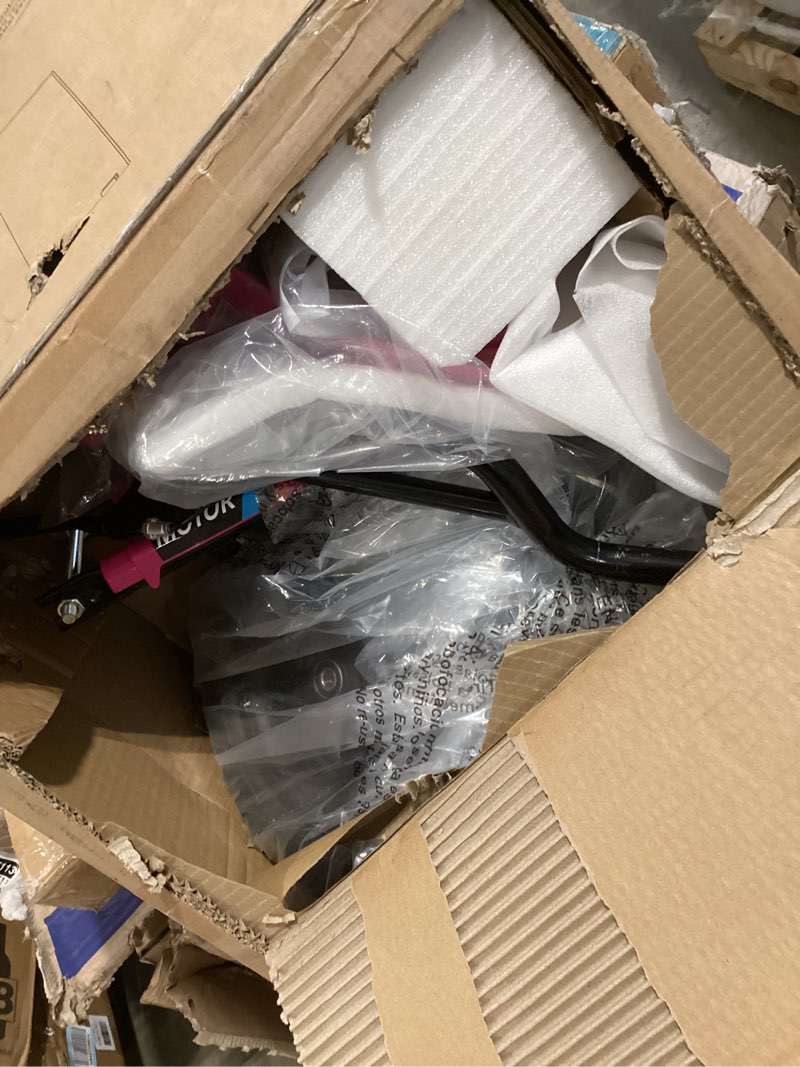 Condition photo showing As Is for 24v ride on motorcycle for kids, 350w kids motorcycle, 13.67mph max speed, mini dirt bike with rear wheel suspension, music, 12 miles range, twist grip throttle, leather seats, pink
