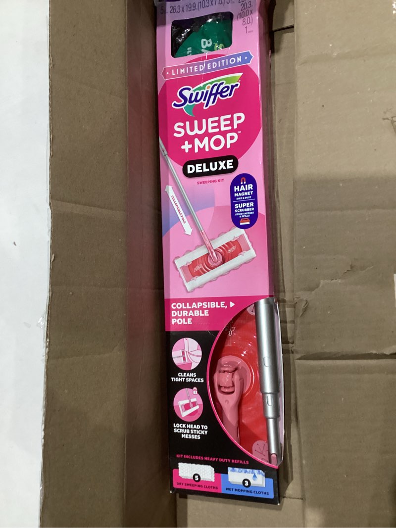 Condition photo showing New/Like New for Swiffer Sweep and Mop Deluxe, Limited Edition Pink Wicked: for Good, 2-in-1 Floor Mopping and Sweeping Kit, 1 Sweeper Device, 5 Heavy Duty Dry Sweeping Cloths, 3 Heavy Duty Wet Mopping Cloths Wicked Pink Deluxe Starter Kit