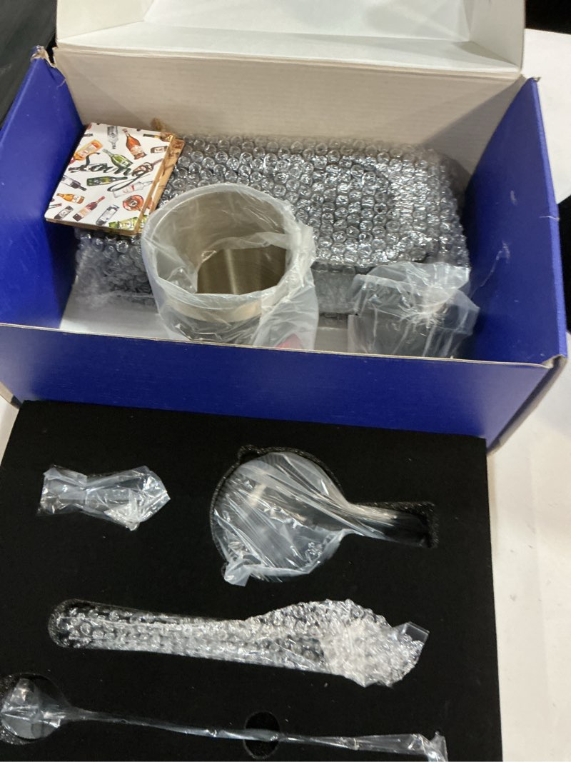 Condition photo showing Good Condition for Cocktail Shaker Set with Unique Car-Shaped Wooden Stand,Bartender Kit with 24oz Shaker,Jigger,Muddler,Mixing Spoon,Strainer & Recipe Cards–Professional Home Bar Set Black