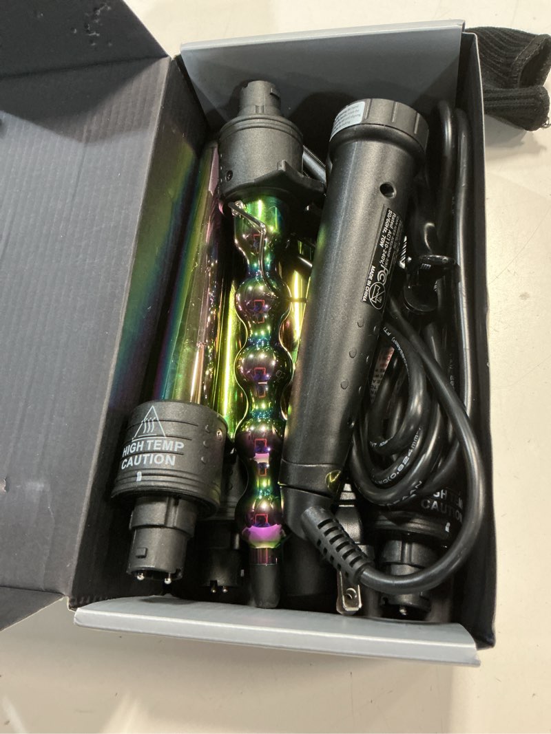 Condition photo showing Good Condition for 5 in 1 Curling Wand Set: Ohuhu Curling Iron Wand 5Pcs 0.35 to 1.25 Inch Interchangeable Ceramic Barrel Heat Protective Glove 2 Clips Dual Voltage Hair Curler Girls Women Valentine's Day Gift Rainbow Rainbow 5 in 1 Set