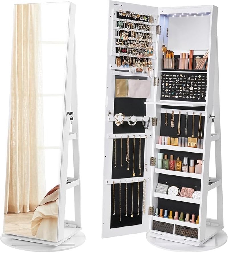 songmics 6 leds lockable mirror jewelry cabinet, 360° swivel jewelry organizer armoire standing, fra