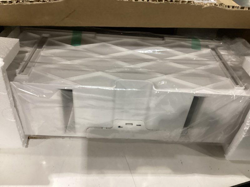 Condition photo showing As Is for wmm monitor stand riser, computer monitor stand with drawer and display minifigures, computer desktop stand with lights, removable elevated structure, compatible with computers, desktops, and laptops ivory white regular