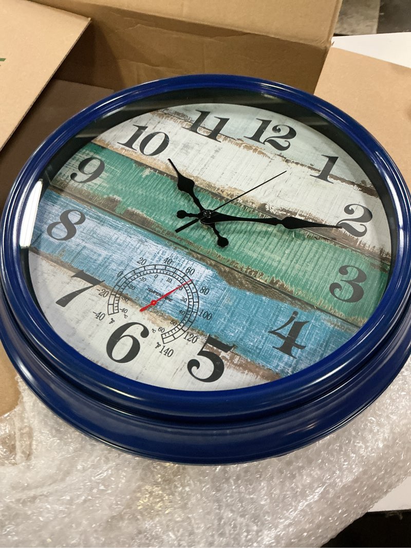 Condition photo showing New/Like New for large outdoor clock waterproof with thermometer vintage rustic coastal clock for pool garden patio (16 inch) 16" blue