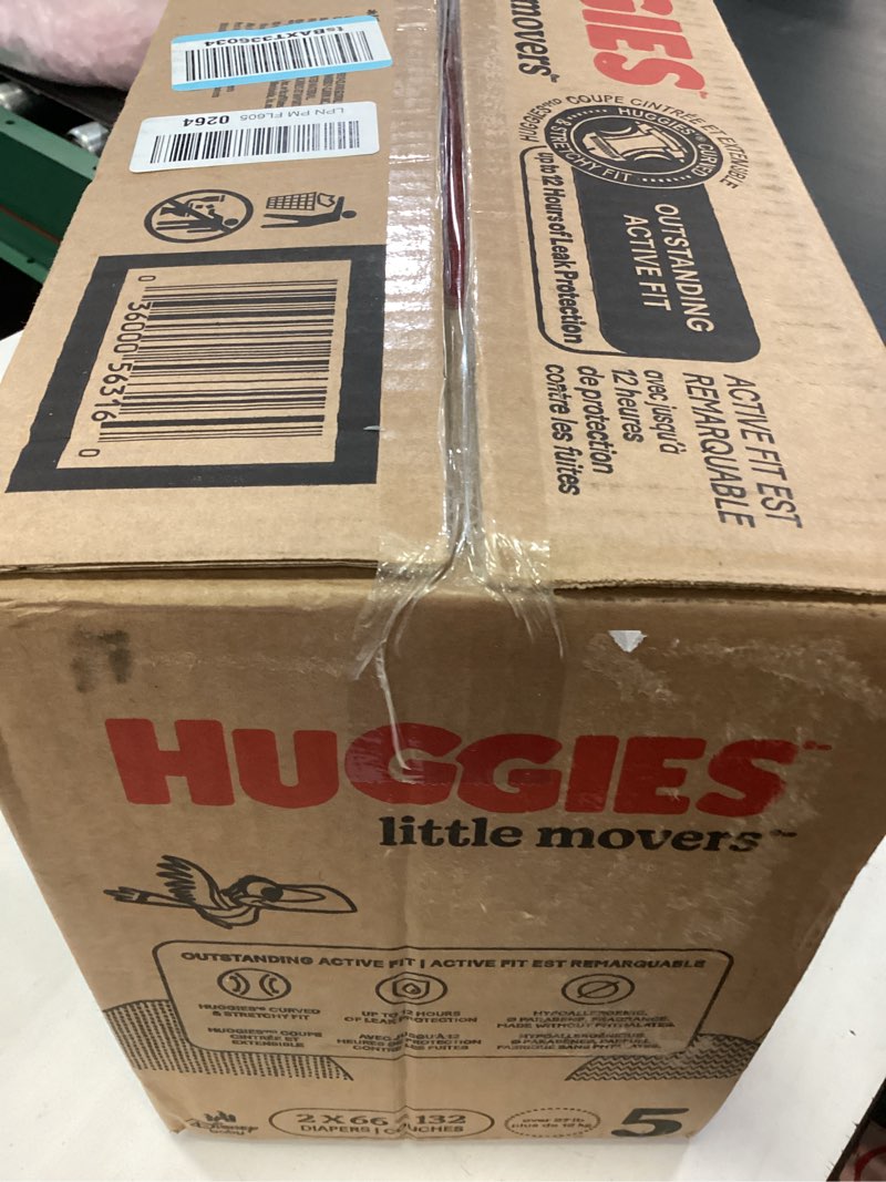 Condition photo showing New/Like New for huggies size 5 diapers, little movers baby diapers, size 5 (27+ lbs), 132 count (2 packs of 66), packaging may vary size 5 132