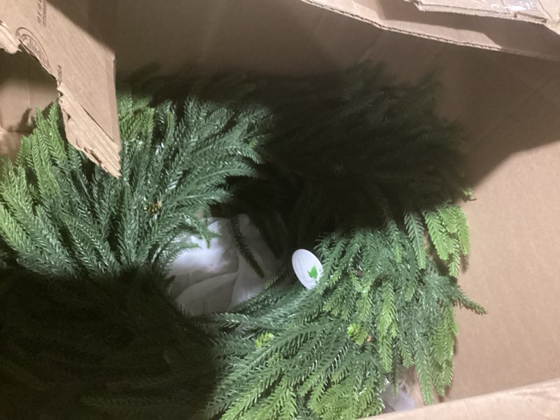 Condition photo showing Good Condition for 24inch Christmas Wreath 2 Pack, Norfolk Pine Wreath for Front Door, 24 Inch Xmas Village Wreath Holiday Decor Christmas Decorations for Home Wall Window Indoor Outdoor Outside Winter
