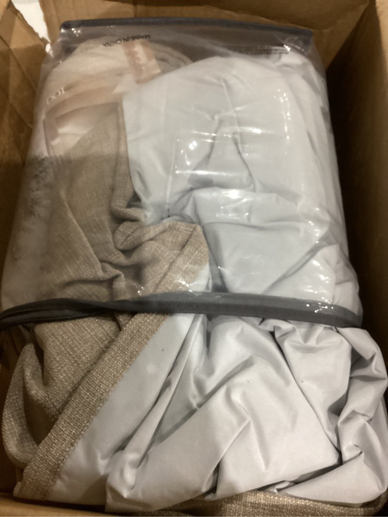 Condition photo showing As Is for 102 Inch Pinch Pleated Blackout Curtains for Bedroom 2 Panels Thick Linen Textured Memory Trained 100% Black Out Room Darkening Natural Cream Ivory Window Curtains Double Layer Pinch Pleat Drapes Natural 40"W x 102"L (Pack of 2)