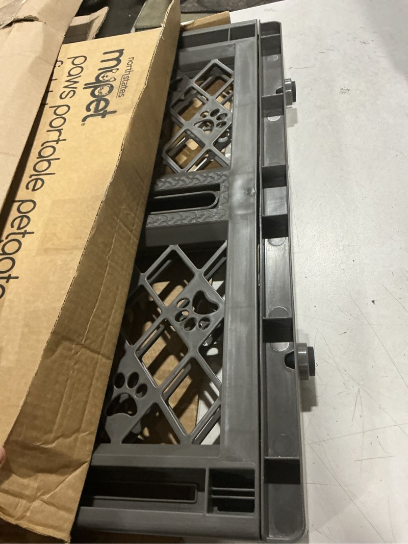 Condition photo showing As Is for mypet north states paws portable pet gate: 26-40" wide. pressure mount. no tools needed. made in usa, 23" tall, expandable, durable dog gates for doorways, fieldstone gray