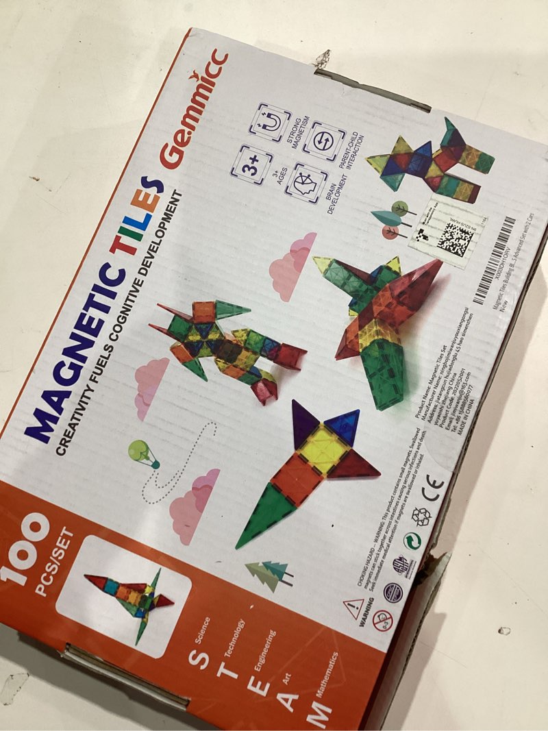 Condition photo showing Good Condition for Gemmicc 100 PCS Magnetic Tiles with 2 Cars, STEM Approved Educational Magnet BuildingToys, Magnet Puzzles Stacking Blocks for Boys Girls