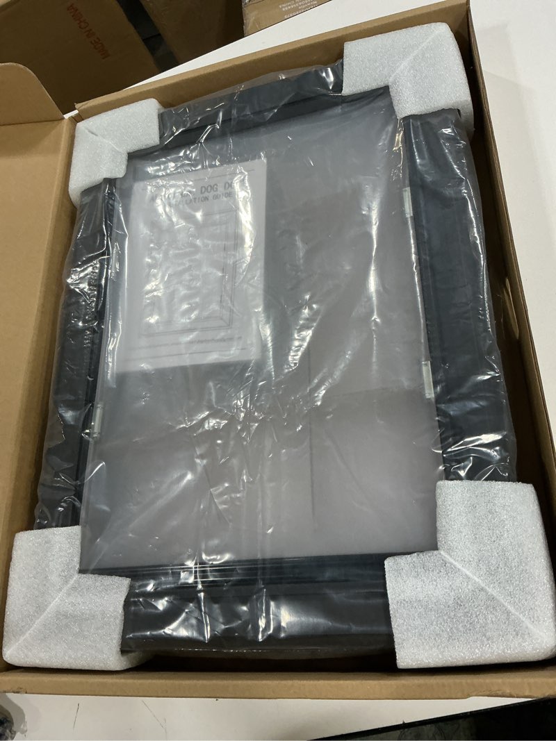 Condition photo showing New/Like New for aluminum dog door for exterior, cutout size 14 1/2''w x 25 1/8''h, heavy duty magnetic double flap for extreme weather, energy-efficient, easy to assemble, lockable panel included, sliver (x-large) sliver extra large