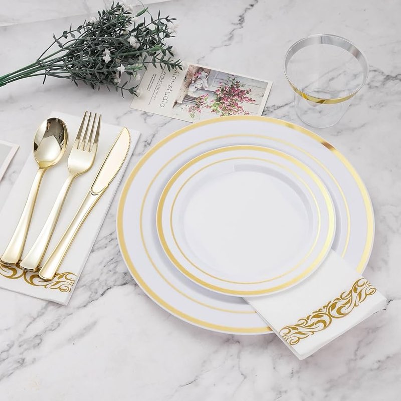 BESTVIP 700PCS Gold Plastic Dinnerware Set for 100 Guests, Disposable Plates for Party, Include: 200