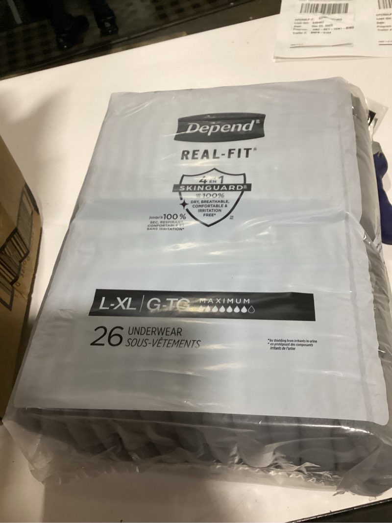 Condition photo showing As Is for Depend Real Fit Adult Diapers, Incontinence Underwear for Men, Disposable, Maximum Absorbency, Large/Extra Large, 52 Count (2 Packs of 26), Packaging May Vary